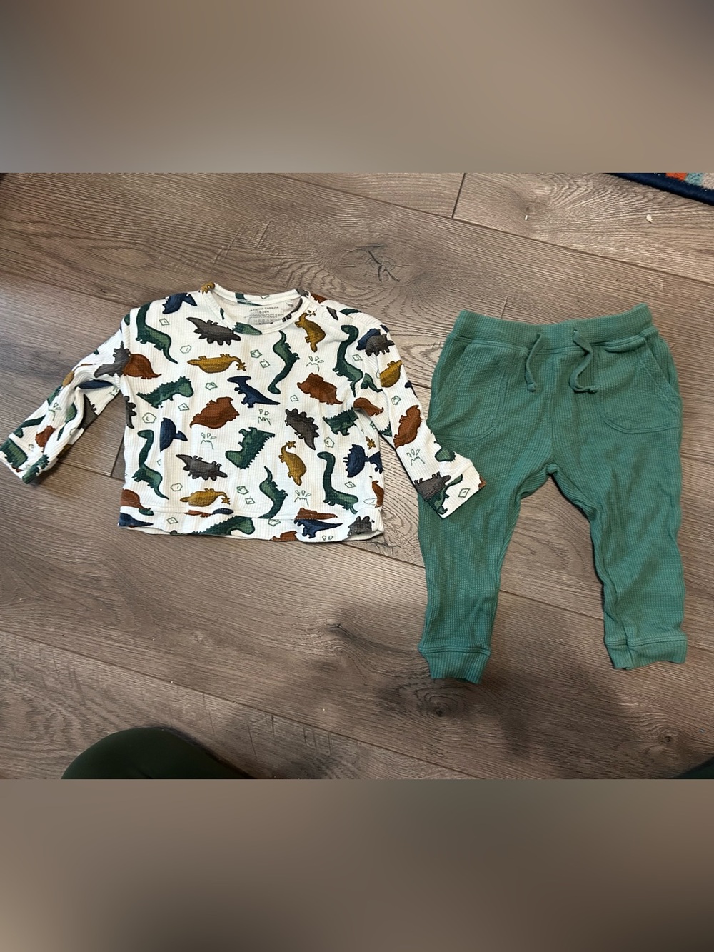 Angel Dear White Waffle Knit Dino Top with Green and Mustard Prints